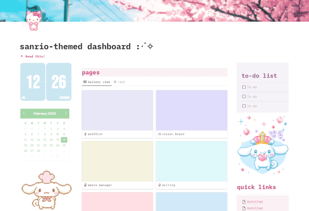 sanrio hello kitty pastel notion dashboard