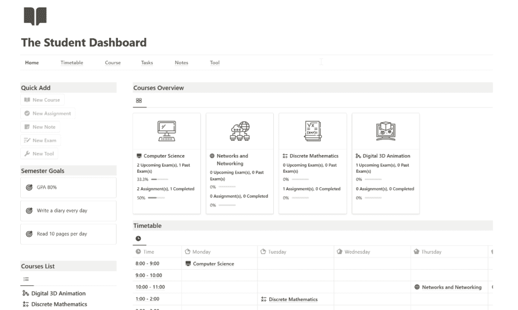 student minimalist dashboard