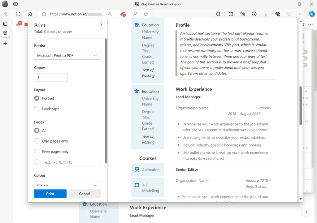 set print options and send your notion page for printing